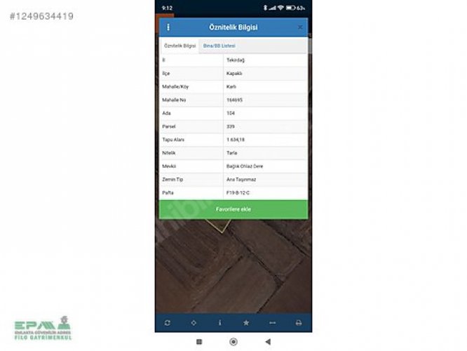 TEKİRDAĞ KAPAKLI KARLIDA SATILIK 1634 MT2 TARLA