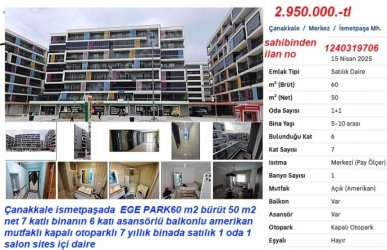 Çanakkale ismetpaşa EGE PARK sitesinde 1 + 1