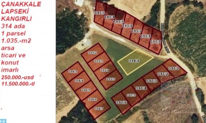 LAPSEKİ KANGIRLI 1.036.M2 İMARLI ARSA