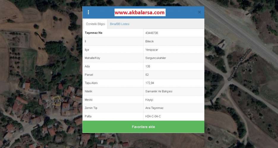 BİLECİK YENİPAZAR SORGUNCUKAHİLER KÖY İÇİNDE 172 M2 EV ARSASI