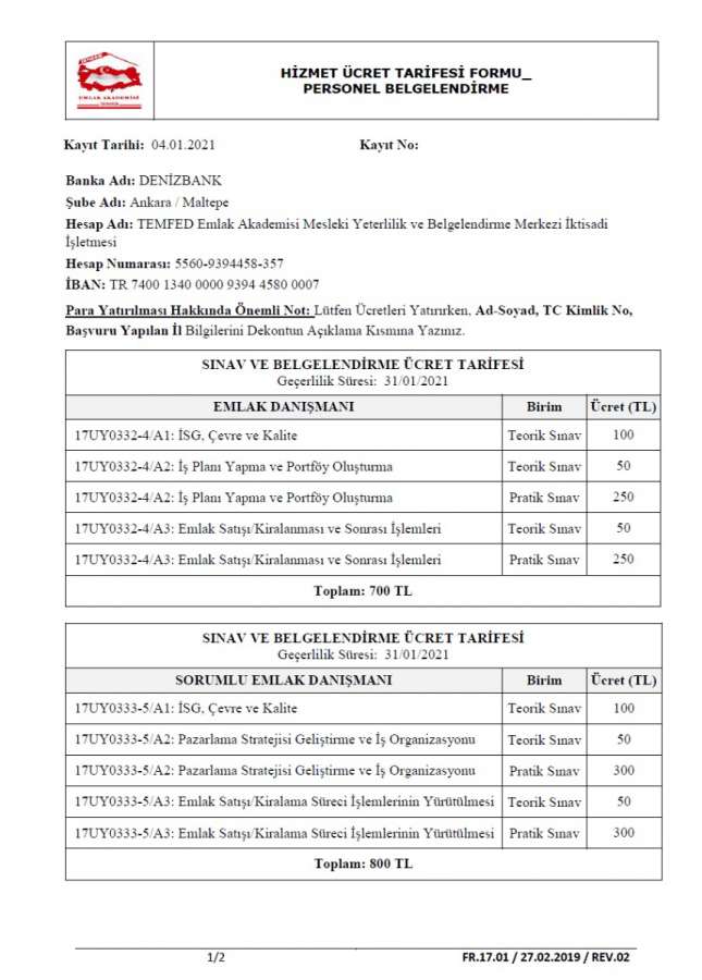 Belgelendirme Ücretleri ve Banka Bilgileri